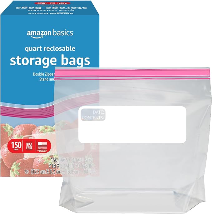Amazon Basics Reclosable Quart Food Storage Bags with Double Zipper Seal, BPA Free, 150 Count (Pack of 6)
