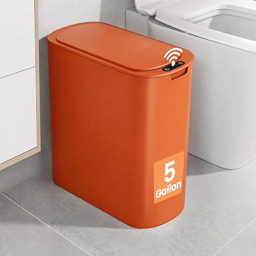 TIPGO 5 Gallon Automatic Bathroom Trash Can with Lid, Orange, Touchless | Motion Sensor, Slim Smart Garbage Bin, Plastic Wastebasket, Battery Operated, Manual Button, for Bedroom, Office,RV