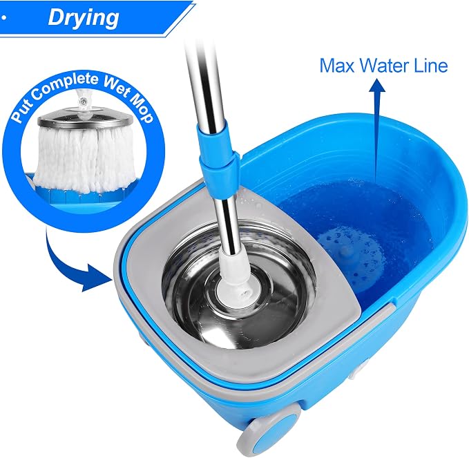 Spin Mop and Bucket with Wringer Set, 3 Mop Heads, 61" Adjustable Handle | 360° Spinning Mop Bucket System with 3 Microfiber Mop Heads & 61" Stainless Steel Adjustable Handle for Floor Cleaning