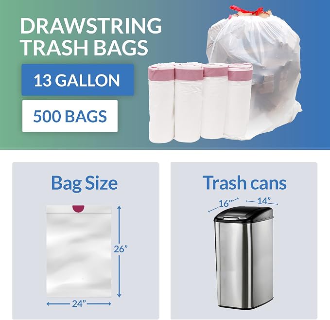 Reli. Tall Kitchen Drawstring Trash Bags 13 Gallon | 500 Count Bulk, White | Kitchen Garbage Bags 13 - 16 Gallon Capacity | Red Drawstrings | Leak Proof | Tear Resistant