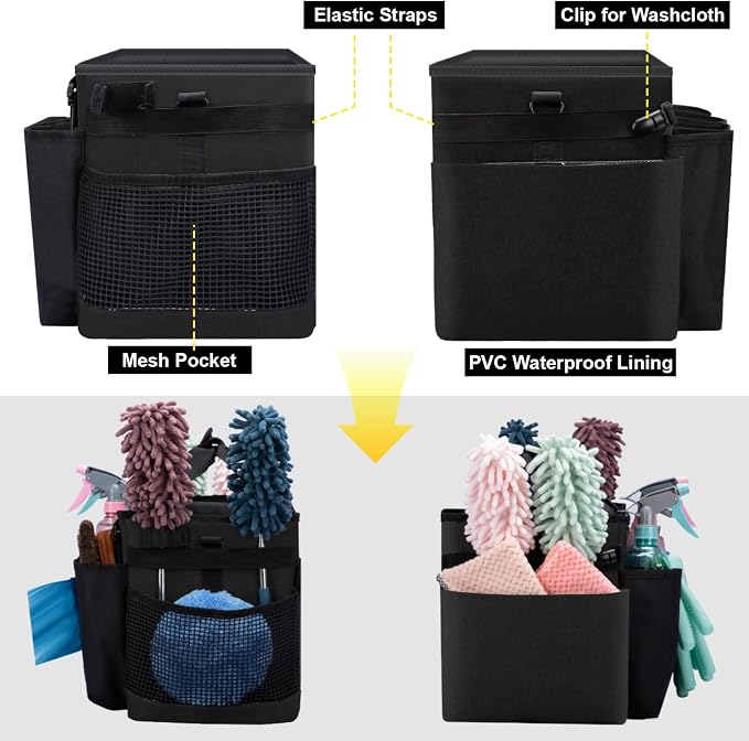Wearable Large Cleaning Caddy Bag for Housekeepers (Black) | Cleaning Supplies Organizer with Adjustable Shoulder, Waist & Handle Straps, Detailing Bag for Kitchen Supplies