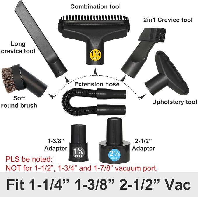 Shop Vac Vacuum Attachments with Extension Hose Dusting Brush Crevice Tool Nozzle Multi-Tools for 1-1/4" 1-3/8" 2-1/2" Shopvac Wet Dry Vacuum Cleaner (Car Detailing Kit Interior A)