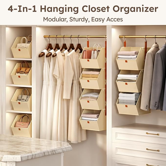 Collapsible Hanging Closet Organizer - 3 Tier Closet Shelves Storage System with Hooks, Fabric Hanging Storage Bins for Clothes, Foldable Storage Basket for Laundry, Bedroom, Rv, Beige