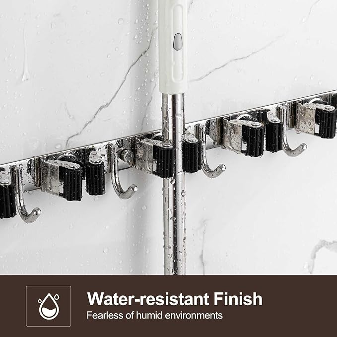 Broom Holder Wall Mount, Stainless Steel Broom Hanger Wall Mount, Heavy Duty Mop and Broom Holder Tool Racks Utility Hooks for Laundry Room Garden Garage, Black (4 Racks and 5 Hooks)