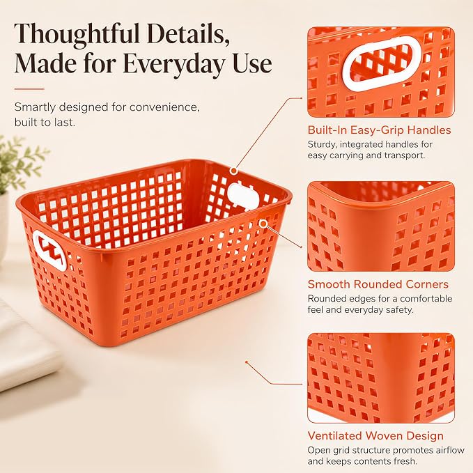6 Pack Plastic Classroom Storage Baskets, Organizer Bins with Handle | Vintage Color 11" × 7.1" × 4.6" Medium Papers Book Storage Organizer for School Classroom Library Office Home Desktop Closets