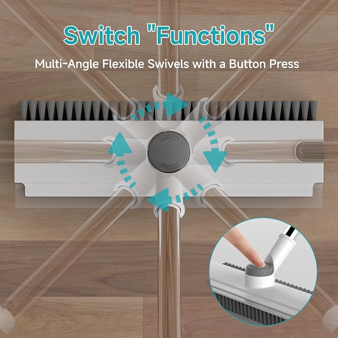 Floor Scrub Brush with Long Handle Length Adjustable, 3 in 1 Heavy-Duty Stiff 90° Bristle Floor Scrubber Broom with Squeegee, for Bathroom, Garage, Kitchen, Tile, Deck & Patio (White)