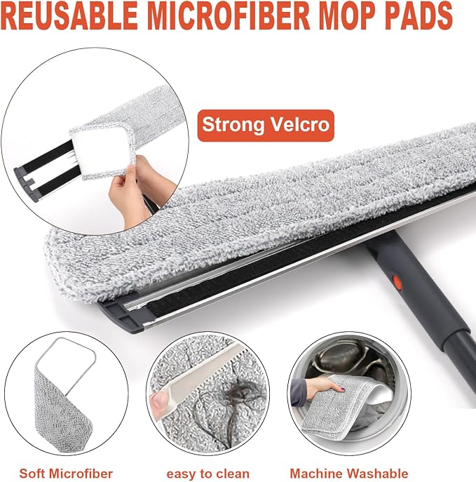 24" Flat Mop for Cleaning Floors,Easy Wringing&Deep Cleaning with 4 Pads | Heavy-Duty Microfiber Mop,Includes 4 Reusable Mop Cloths and Adjustable Long Handle,Wet/Dry Use,Suitable for Hard Floors