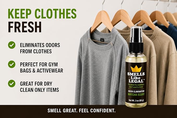 Smells Like Legal® Matcha Odor Eliminator Spray, 3 oz Travel Size – Shoe & Fabric Deodorizer, Eliminates Smoke, Pet, Food & Gym Bag Odors, Water-Based, Fabric Safe, Made in USA