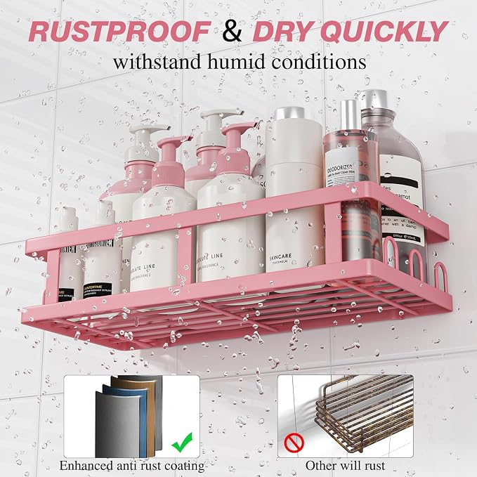 Youvip Shower Caddy, Pink, Adhesive No Drill Bathroom Organizer | Large Capacity, Rustproof Shelves, For Inside Shower, Bathroom Organizers and Storage