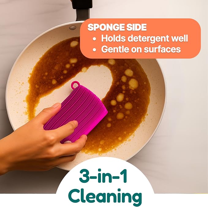 3-in-1 Silicone Scrubber Sponge with Squeegee – Non-Scratch Kitchen Sponge for Dishes, Sink & Bathroom, Quick-Dry, Reusable Cleaning Tool (Teal)