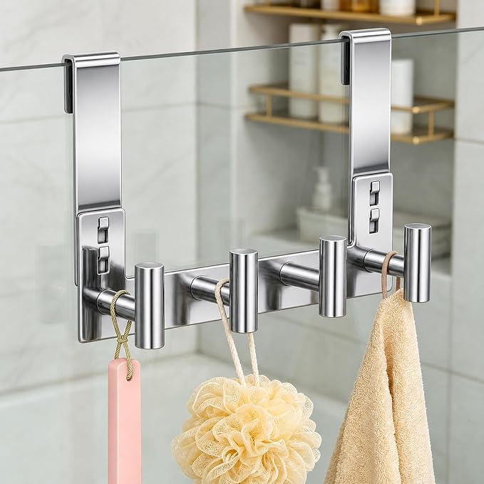 PMMASTO No-Drill Extra Long Shower Hooks, Fits 3/8" Thick Door, Heavy Duty Stainless Steel Towel Hooks for Frameless Glass Shower Door, Holds Bathrobe Towel (Polished Silver, 4 T-Hooks)