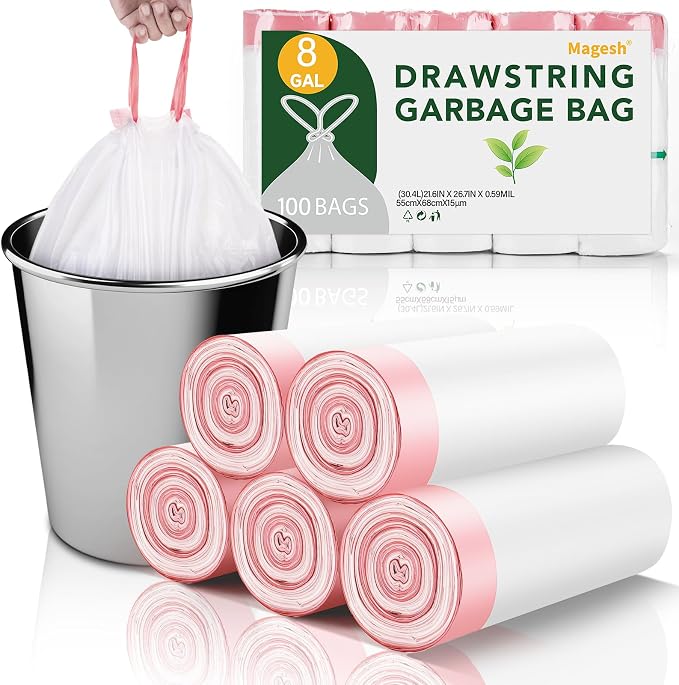 8 Gallon Trash Bags Drawstring Unscented - Magesh 5 Rolls 100 Count Medium Garbage Bag Clear White 30 Liter Strong Plastic Wastebasket Can Liners for Home Kitchen Outdoor Camping