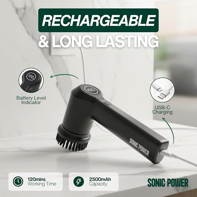 SonicPower Electric Spin Scrubber – Handheld & Ergonomic, IPX7 Waterproof, 4 Multi-Purpose Brush Heads, Long-Lasting Rechargeable Battery – Cleans Dishes, Bathroom, Tile, Grout & Kitchen (Black) | Handheld & Ergonomic, IPX7 Waterproof, 4 Multi-Purpose ...