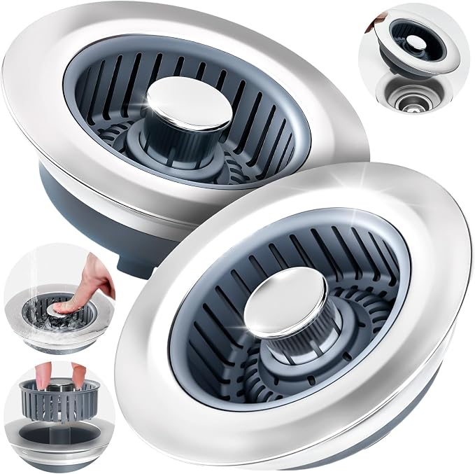 zaa 3 in 1 Kitchen Sink Drain Strainer Stopper Removable Basket Pop-Up | Kitchen Sink Accessories 2 Pack Silver Stainless - Food Catcher, Odor-Blocking Seal, Fits 3.5" Drain, Easy Clean