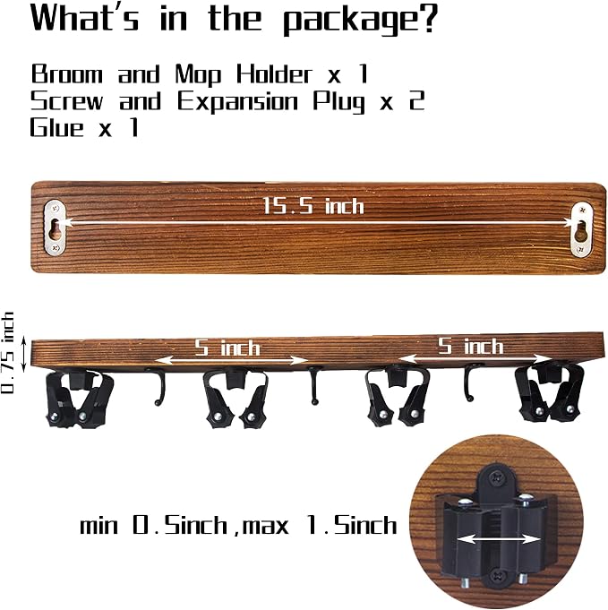 2 Pack Mop and Broom Holder Wall Mount Solid Wood Broom Rack Wall Mount 4 Positions 3 Hooks for Home, Kitchen, Garden, Tools, Garage Organizing, Cleaning Supplies Organizer Indoor Outdoor