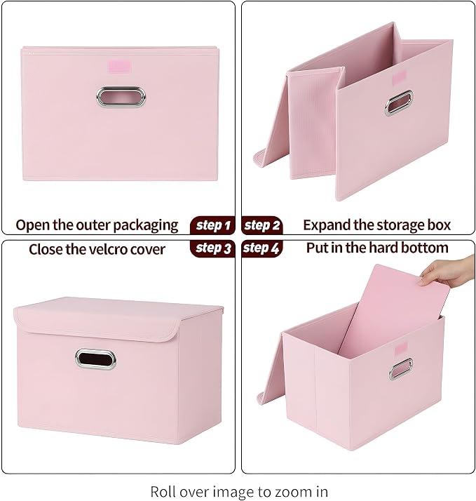 STOREONE Fabric Storage Cube Bins Foldable Organizer Container Collapsible Basket with Lids and Metal Handles, for Home, Bedroom, Closet 6 Pcs (multicolour-light pink)