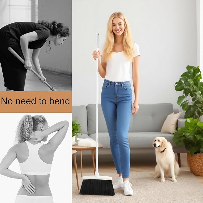Broom with Dustpan Combo Set for Home, 52-in Long Adjustable Handle Angle Broom and Dustpan Set with Dustpan Comb Teeth for Sweeping Pet Hair Food Dirt Kitchen (White-Grey)