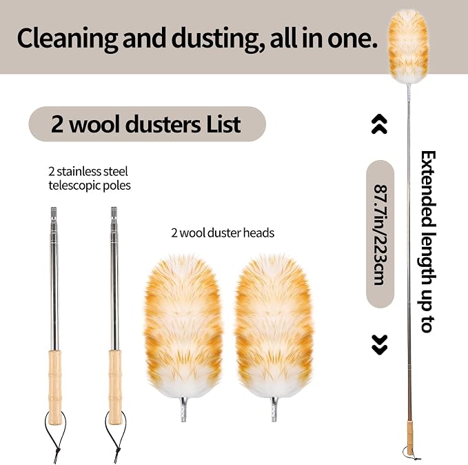 Lambswool Duster for Cleaning with Solid Wooden Handle Leather Hang Strap 87.8" Removable Retractable Feather Duster for Cleaning Ceiling Fans Window Blinds Interior Roof Furniture(2 Pack)