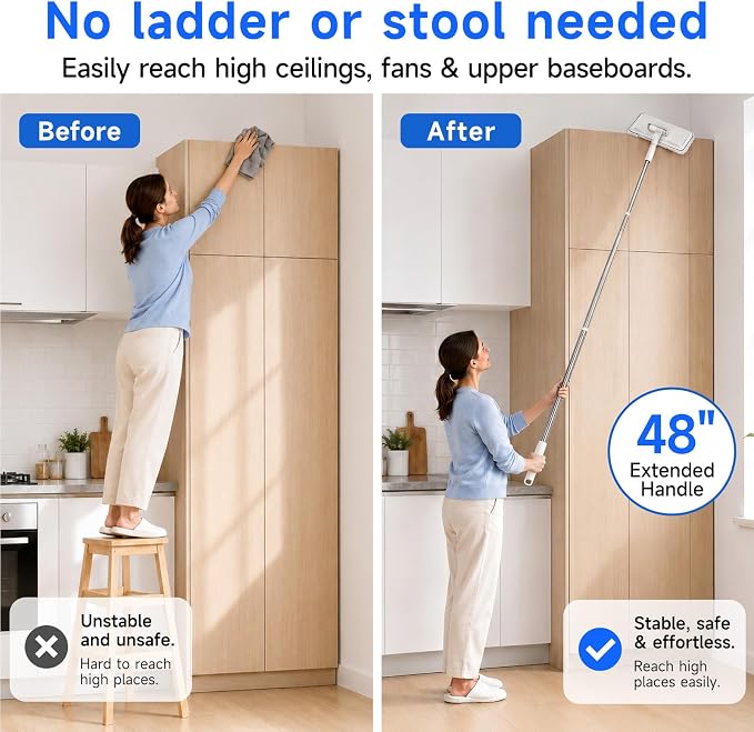48" Mini Swifter Mop, Hands-Free Quick-Clamp Lazy Mop, Apartments Essential | with 5 Reusable Cloths, Small Head for Spot Cleanups – Easy Sweeping Floor Dust, Pet Hair, Best Household Cleaning Tools