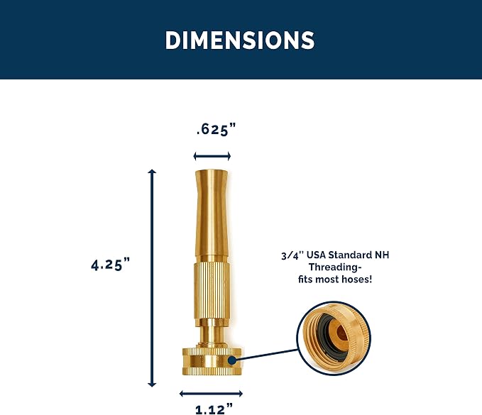 Brass Adjustable Nozzle, Twist Garden Hose Sprayer, Heavy-Duty Power Spray Attachment, High Pressure Water Jet with ¾” Standard Threading, Includes 2 Extra Rubber Washers - 2-PACK