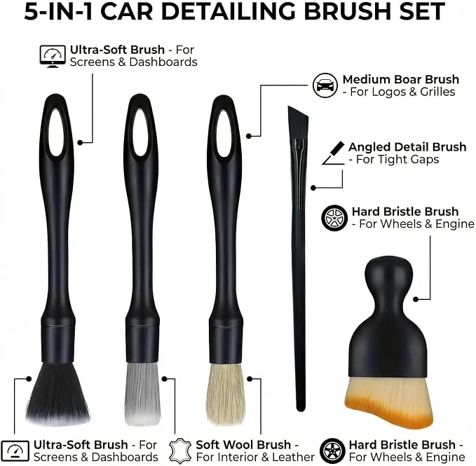 5 PCS Car Detailing Brush Set, Ultra-Soft Boar Hair Brushes for Interior & Exterior Cleaning, Multi-Use Duster for Air Vents, Wheels & Leather, Professional Car Wash Supplies