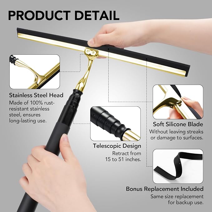 Shower Squeegee for Glass Doors with Long Handle, 15-51" Telescopic Shower Squeegee, Extendable Bathroom Squeegee for Shower Glass, Tile Walls, Mirrors & Windows, 13.7" Silicone Blade