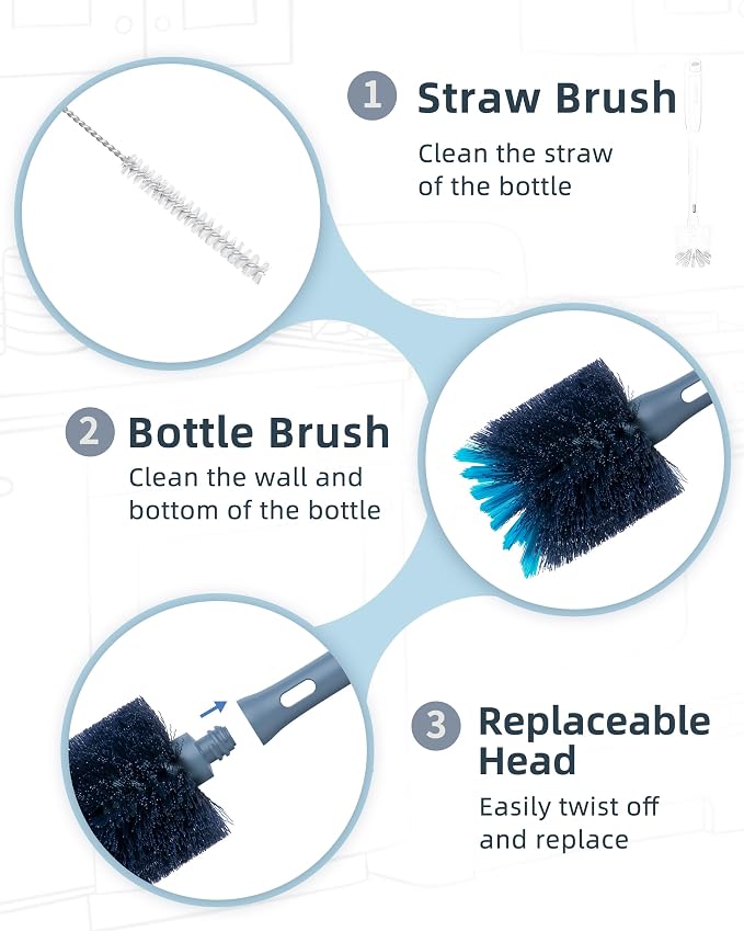 ROSEOK 2 in 1 Bottle Brush with Straw Cleaner Brush, Water Bottle Brush | For Cleaning Glass, Sports Bottle, Coffee Mug, Cup Cleaner, Grayish Blue, 1 Pack