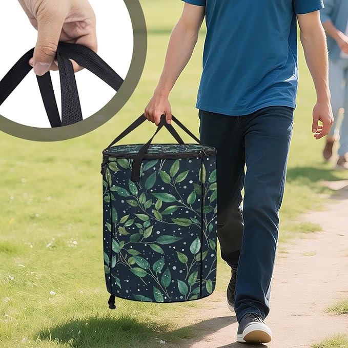 Green Leaf Collapsible Garden Leaf Bin Reusable Container Bag for Yard Waster 24 Gallon Large Capacity Foldable Trash Can with Lid and Handle for Camping Outdoor Picnics
