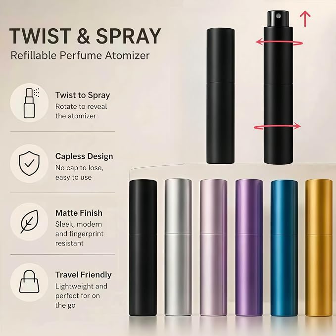 10ml Travel Perfume Bottle Refillable, Cologne Travel Bottle, Empty Atomizer Spray Dispenser, Portable Sprayer Travel Essentials for Men and Women (Black, silver, blue, gold)