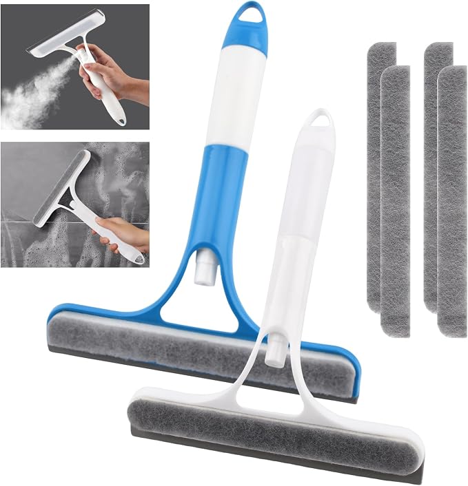 3 in 1 Window Cleaning Scraper with 2 Replaceable Cleaning Cotton Strips, 3 in 1 Spray Squeegee for Home Glass Doors Car Windows Glass, All-Purpose Window Cleaner Tool(1pc White & 1pc Blue)