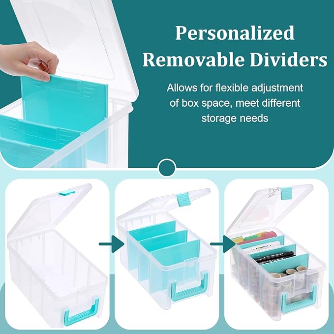 BTSKY Clear Plastic Dividing Storage Box with 4 Deep Compartment Sewing Box | 13.9x7.9x6.2 Inches Adjustable Storage Bin with Lid Portable Craft Storage Container Multipurpose Art Supply Organizer Blue