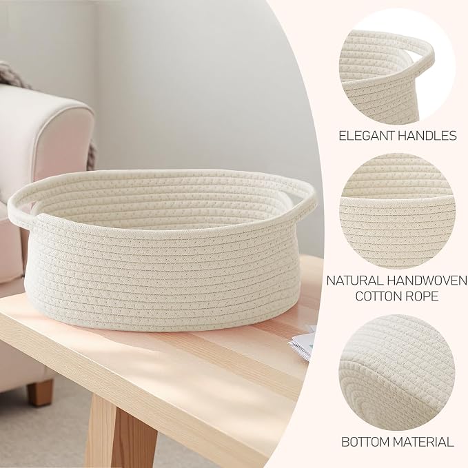 JMvicyroam Small Woven Basket, Empty Gift Basket, White/2 Pack | Small Gift Basket, Cotton Rope, 12 x 8 x 7 in, Handles, Includes Ribbon and Bag, Birthday Gift Basket