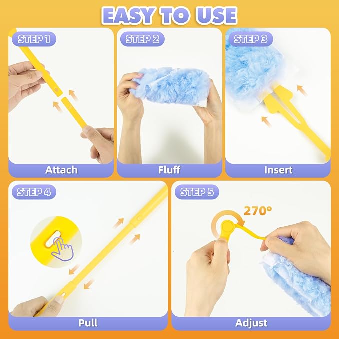 Duster Refills for Swiffer Duster, 60 Count with 2 Handles | 3 FT Extended Handle, 2 Sides 360°, 5X Microfiber, Heavy Duty Disposable Dusters for Cleaning Ceiling Fan, Blinds, Vent