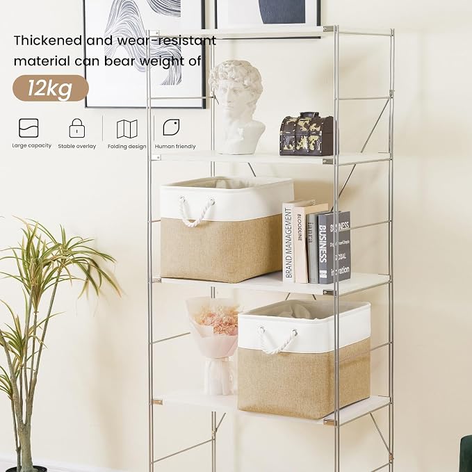 16x12x12 In Foldable Fabric Large Storage Bins with Handle 1 Pack | Storage Basket with Draw String Top, Sturdy Metal Strand, Cardboard Support Molding, for Shelf, Closet, Bedroom, White/Khaki