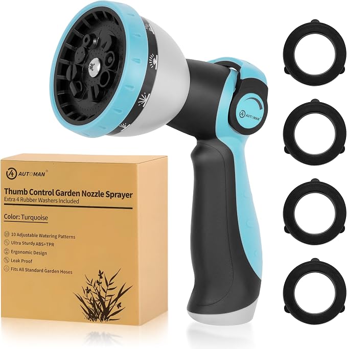 AUTOMAN Garden Hose Nozzle Sprayer - 10 Spray Patterns, High Pressure, Thumb Control On Off Valve, Metal Duty Water Nozzle, Extra 3 Washers, for Watering Garden, Cleaning, Washing Car, Showering Pets