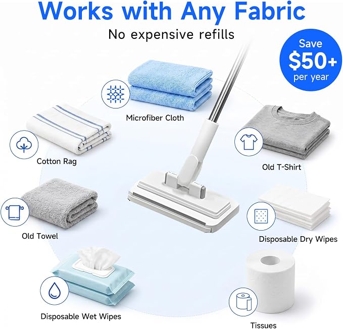 48" Mini Swifter Mop, Hands-Free Quick-Clamp Lazy Mop, Apartments Essential | with 5 Reusable Cloths, Small Head for Spot Cleanups – Easy Sweeping Floor Dust, Pet Hair, Best Household Cleaning Tools
