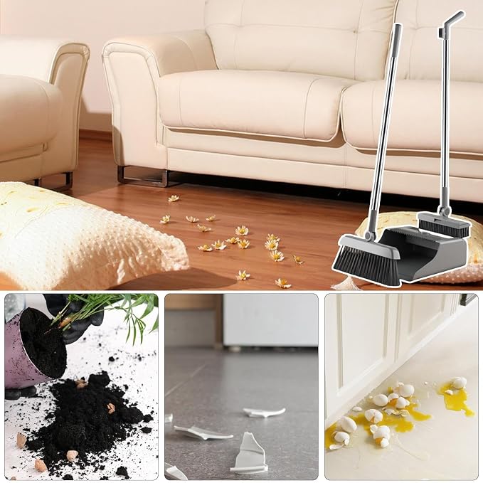 Broom with Dustpan Combo Set 3 Pieces Rust Proof Cleaning Tool Gadgets | Broom With Dust Pan for Home Kitchen Apartment Indoor Outdoor Floor Dorm Garage