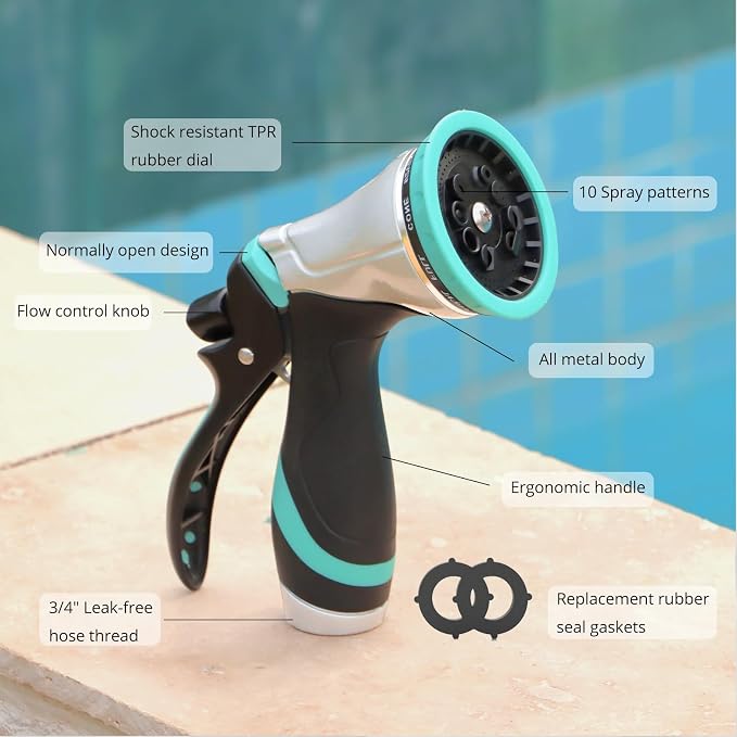 QUOBAS Metal Garden Hose Nozzle, Heavy Duty Water Hose Sprayer, Leak Proof | 10 Pattern Water Nozzle with Rubber Gasket, Garden Sprayer for Watering Plants, Washing Cars, Pet Shower, Blue