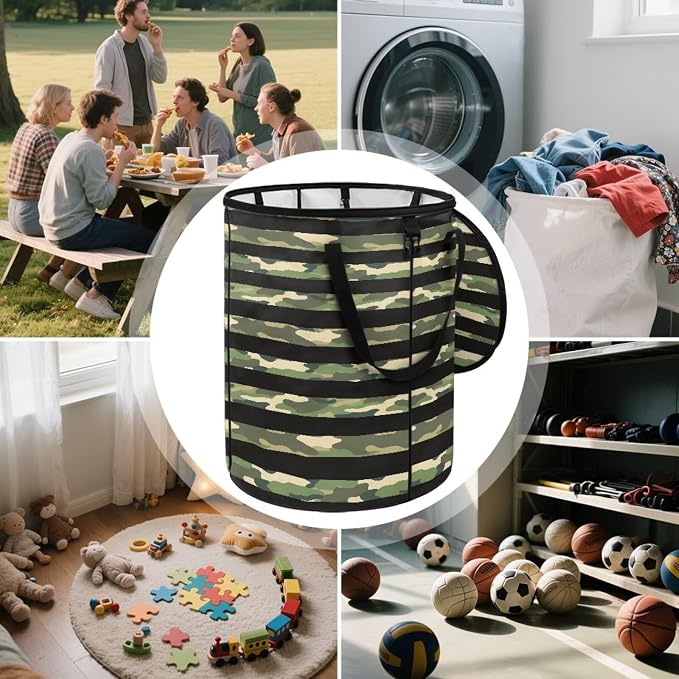 24Gal American Flag Collapsible Trash Can Camo Waterproof Pop-Up Bin w/Lid for Camping & Backyard | Leakproof Yard Waste Bag (Patriotic Decor)