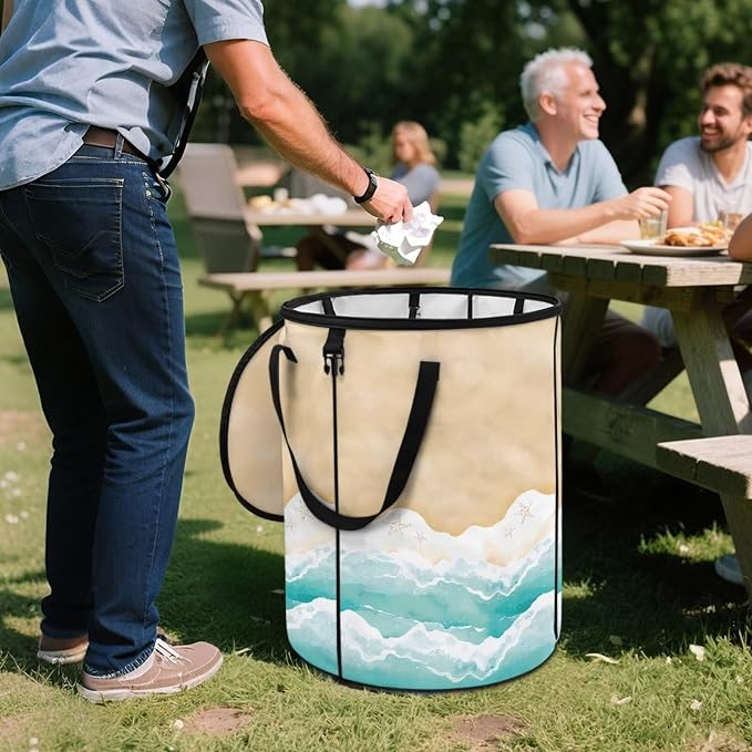 Collapsible Trash Can with Lid and Handle, Sandy Beach Print 24 Gallon Large Capacity Camping Trash Can Outdoor Picnics Stand-up Waster Bag Garden Leaf Bin