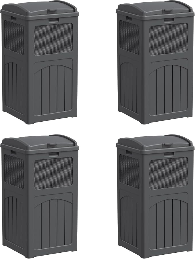 Greesum 33 Gallon Outdoor Trash Can with Lid, Waterproof Resin Garbage Bin for Hideaway, Deck, Patio, 4 Pack, Gray