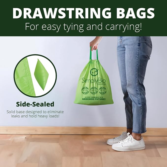 Simply Bio 3 Gallon Compostable Trash Bags Liners Drawstring, Heavy Duty Extra Thick 1 Mil, 11.36 Liter, 50 Bags, Small Kitchen Food Scrap Waste Bag, ASTM D6400, US BPI and OK Compost Home Certified