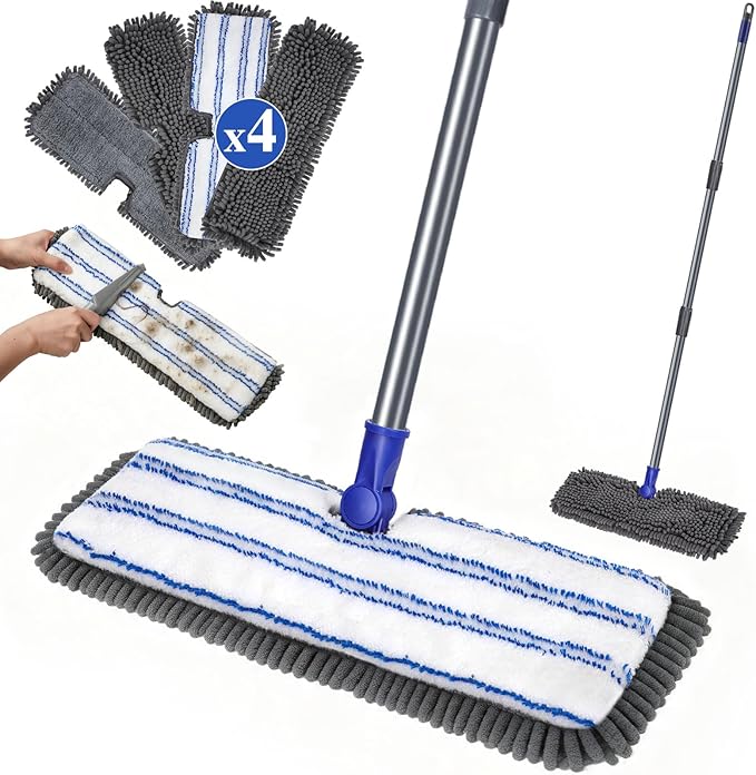 Dust Mop for Hardwood Floors,Double-Sided Flat Mops with 4 Mop Pads | Microfiber Mops for Floor Cleaning with Stainless Steel Handle for Hardwood, Vinyl, Laminate, Tile