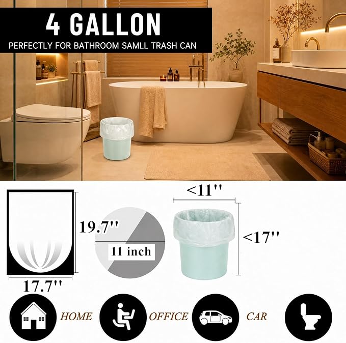 Tebery 300 Counts 4 Gallon Clear Small Garbage Bags Trash Bags, Wastebasket Bin Liners for Bathroom Bedroom Office Trash Can, 6 Rolls