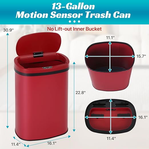 BLKMTY 13-Gallon Stainless Steel Trash Can with Lid, Red, 50L | 50 Liters Garbage Can, Touchfree Motion Sensor Garbage Bin, Tall Automatic, For Home Office Bathroom
