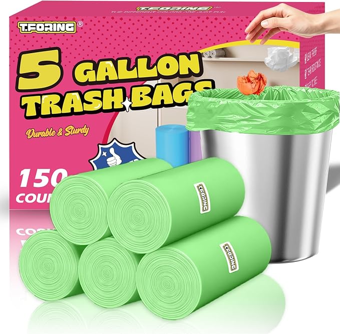 Small 5 Gallon Trash Bags Unscented, 0.94 Mil, Green, 150 Count | 18 Liter Garbage Bag, Plastic Waste Basket Can Liners, Thick, Leakproof, Tear Resistant, for Bathroom Office Car Bulk