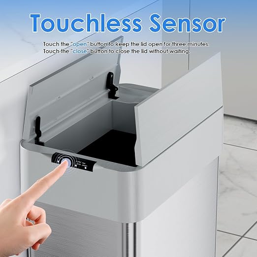 Automatic Trash Can,13.2 Gallon Touchless Motion Sensor Trash Bin | Smart Garbage Can with Soft-Close Lid, Bag Retainer Ring and Display Light,for Kitchen,Living Room Office (Silver, 50L)
