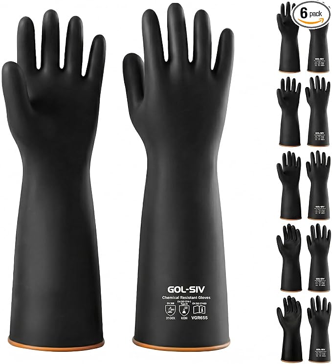 Heavy Duty Latex Gloves, Chemical Resistant Work Gloves - Waterproof, Resist Acid, Oil, Alkali - Extra Long Industrial Rubber Safety Glove for Sandblasting & Deep Tank, 22in, 6 Pairs