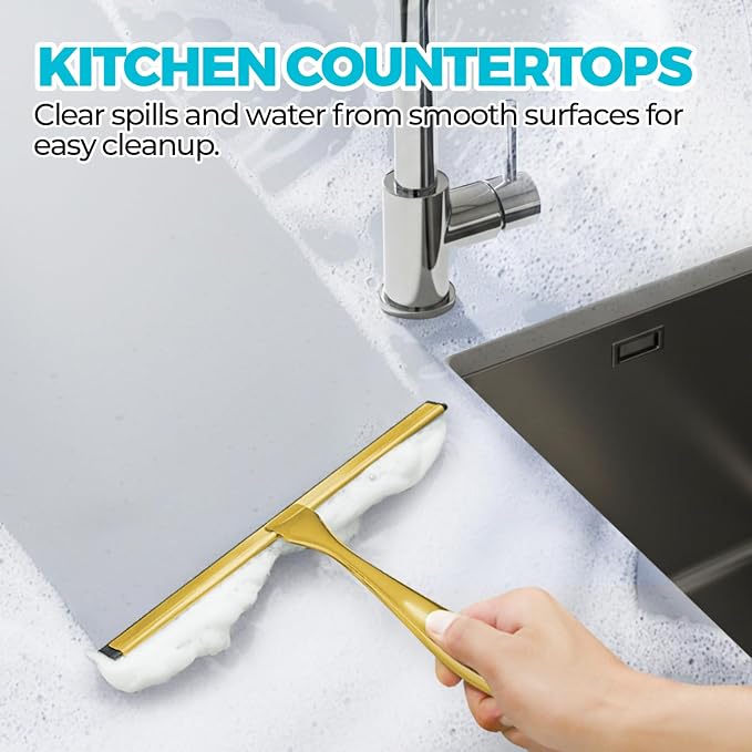 12" Shower Squeegee for Glass Doors, Tile Walls, Car Windows, Gold | Bathroom Accessories, New Home Essentials, Silicone Blade, Metal Handle, Adhesive Hook, Household Tool, Multipurpose Cleaner
