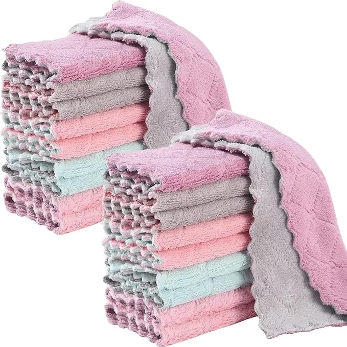 20 Pack Kitchen Dish Cloths Dish Towels, Super Soft and Absorbent Coral Fleece Cloth, Coral Velvet Microfiber Cleaning Cloth, Nonstick Oil Washable Fast Drying Dish Rags for Clean Table, Dish, Glass.